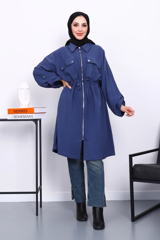 İndigo Bel Kuşaklı Çift Cepli Gabria Kap