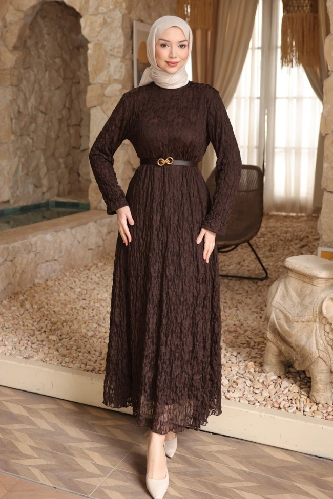 Kahverengi Bel Kemerli Desenli Tül Elbise