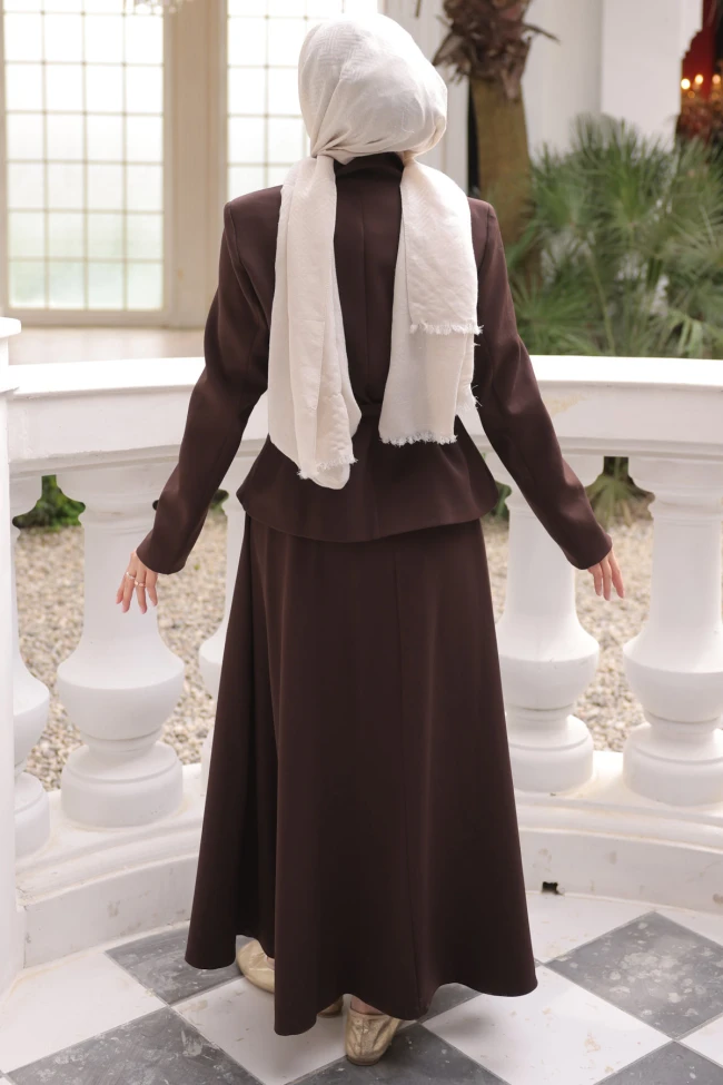 Kahverengi Ceket Etekli Krep Takım