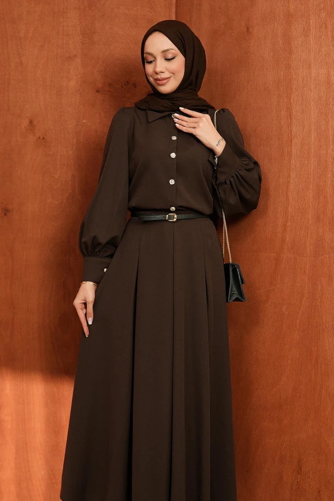 Kahverengi Düğmeli Kemerli Gömlek Etekli Takım