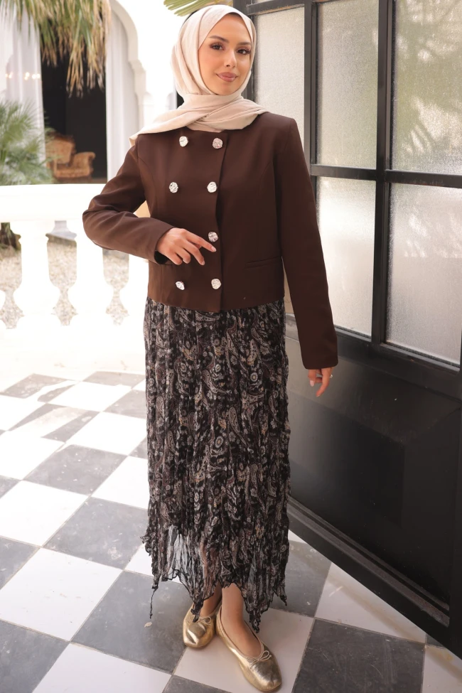 Kahverengi Eteği Şifon Ceketli Takım