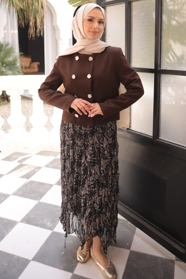 Kahverengi Eteği Şifon Ceketli Takım