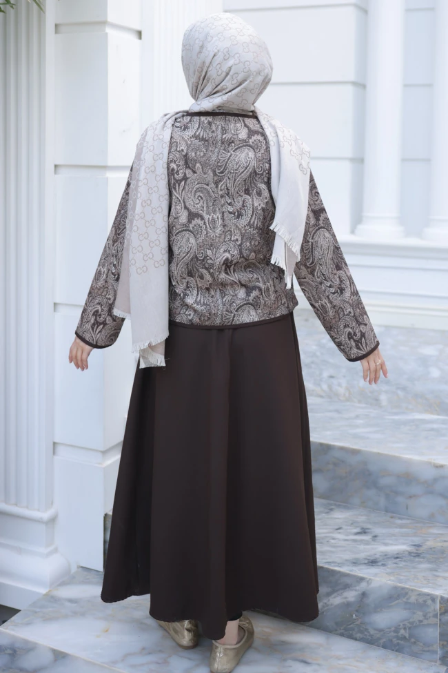Kahverengi Etnik Desenli Ceket Etekli Takım