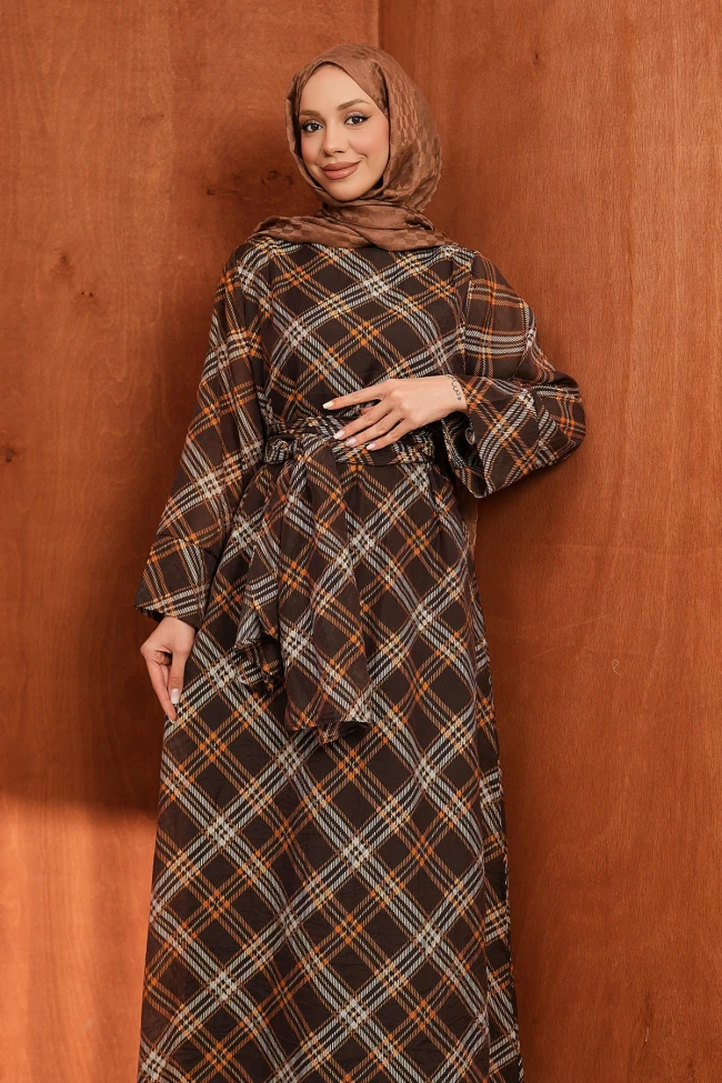 Kahverengi Şallı Ekose Desenli Elbise