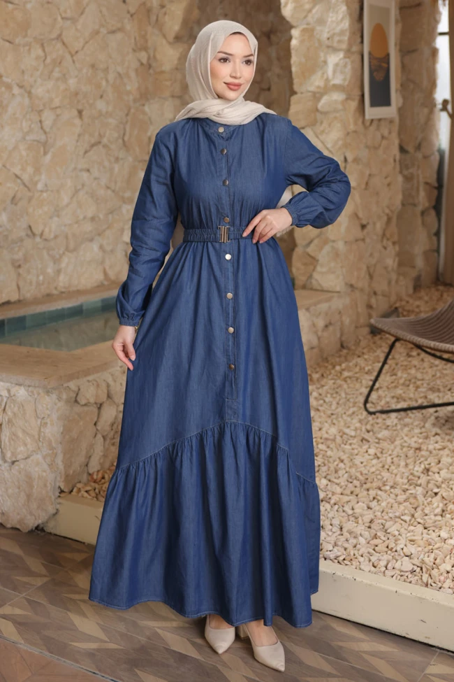 Koyu Mavi Bel Kemerli Düğmeli Kot Elbise