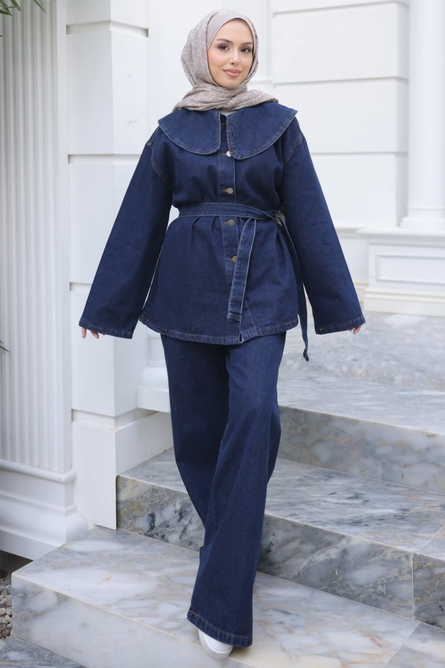 Koyu Mavi Düğmeli Mendil Yaka Ceket Pantolonlu Takım