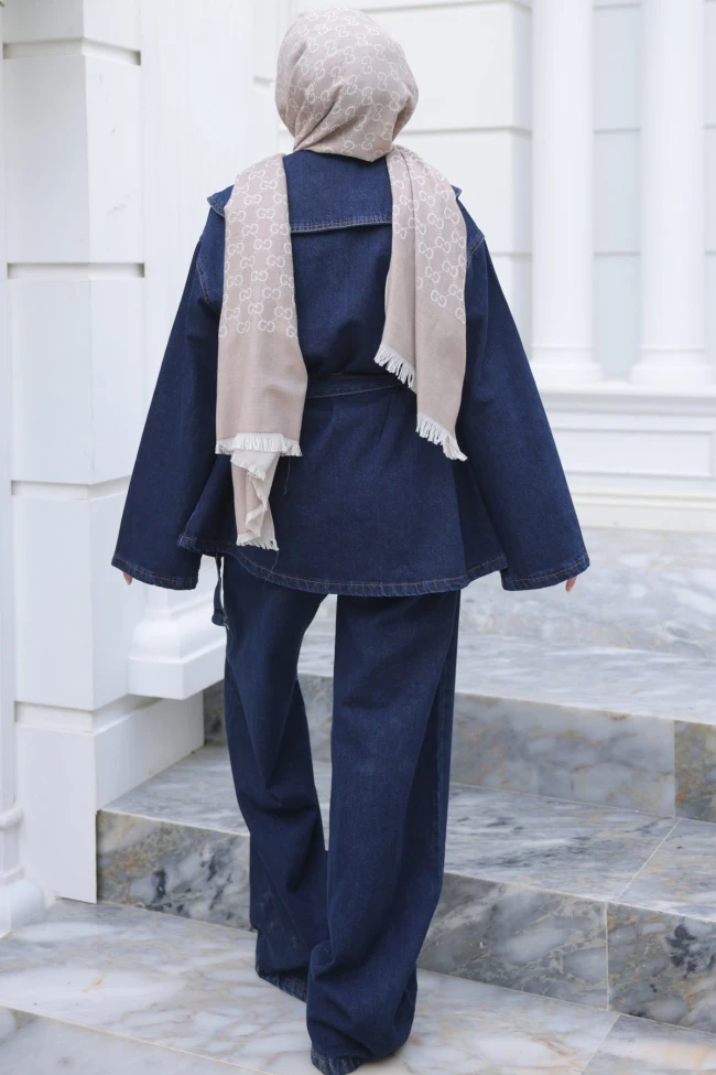 Koyu Mavi Düğmeli Mendil Yaka Ceket Pantolonlu Takım