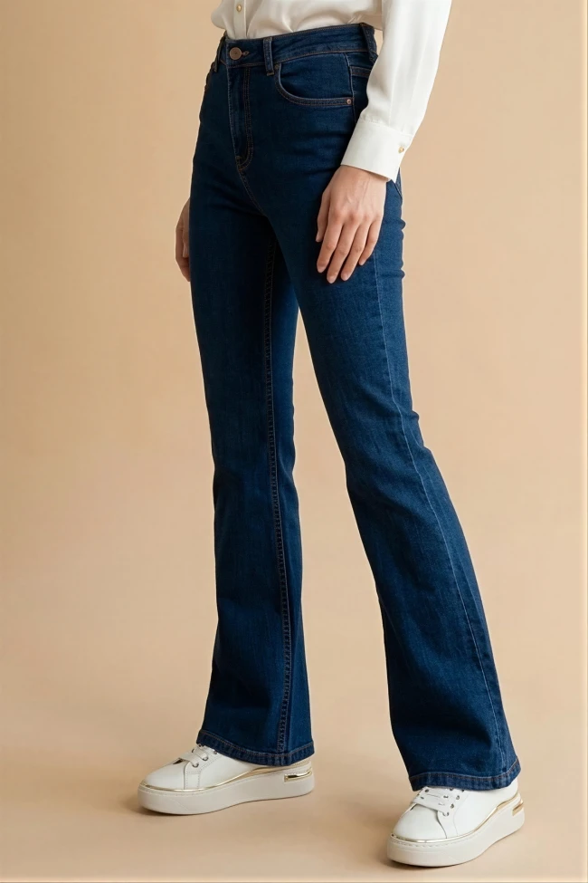 Koyu Mavi Yüksek Bel İspanyol Paça Jeans Pantolon