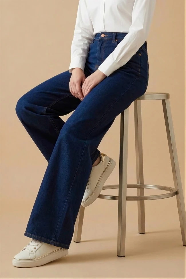 Koyu Mavi Yüksek Bel Palazzo Kot Pantolon