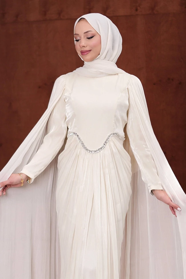 Krem Önü Drapeli Taşlı Abiye