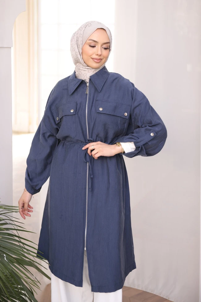 Lacivert Bel Kuşaklı Çift Cepli Gabria Kap