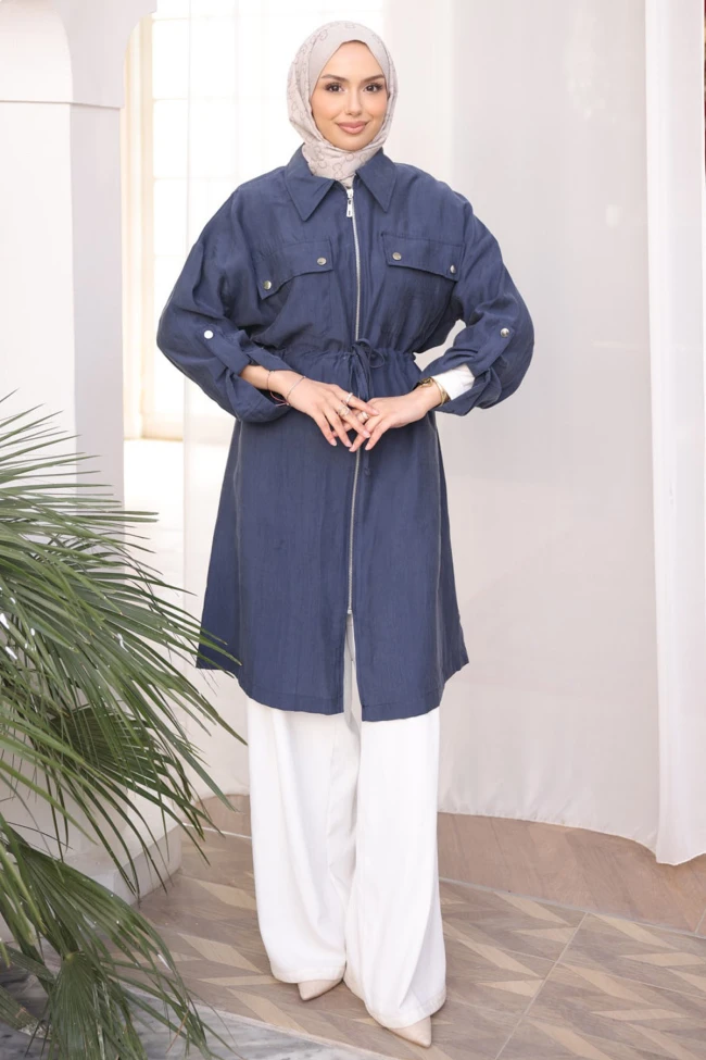 Lacivert Bel Kuşaklı Çift Cepli Gabria Kap