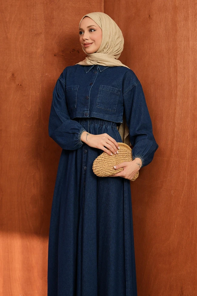 Lacivert Ceket Kombinli Kot Elbise
