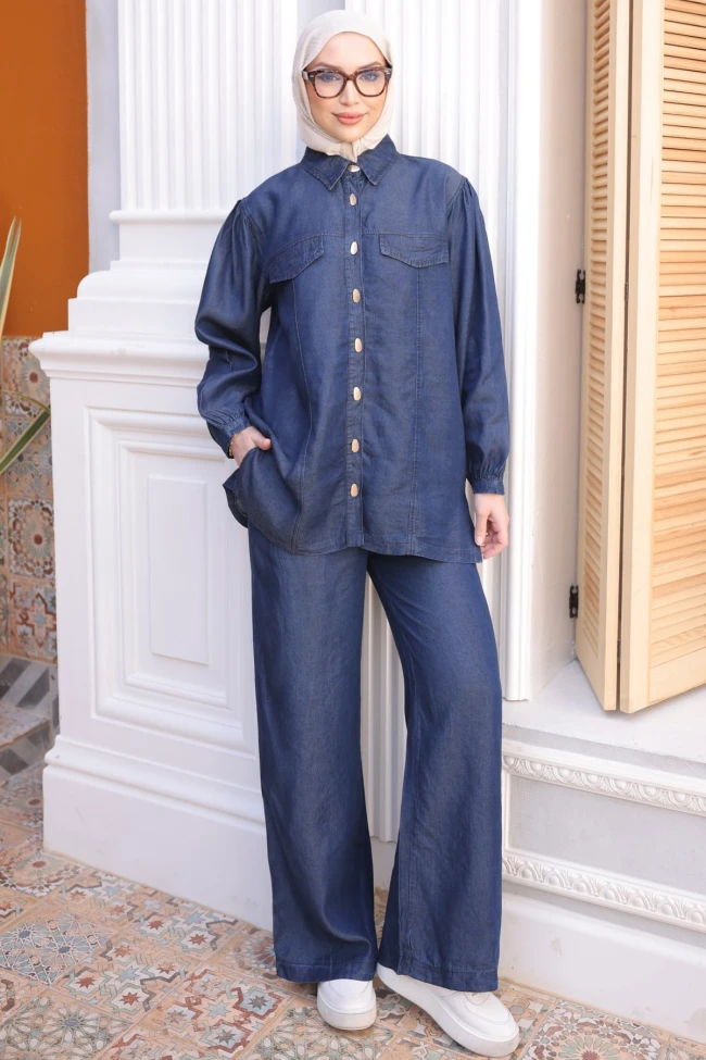 Lacivert Düğmeli Ceket Pantolonlu Tensel Kot Takım