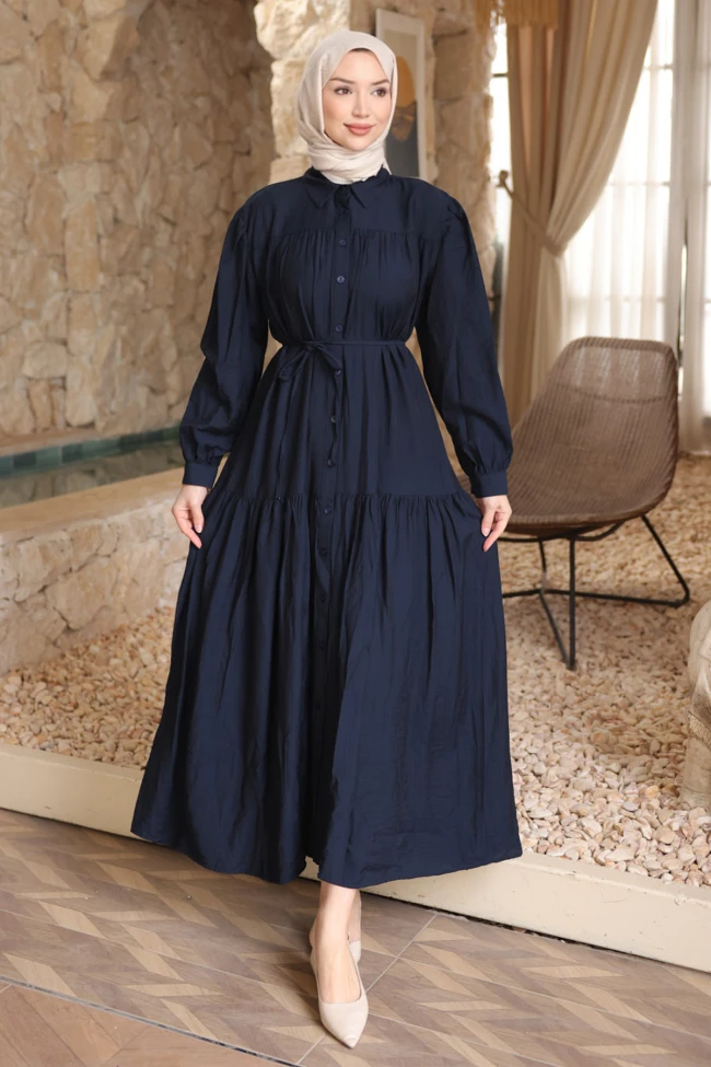 Lacivert Eteği Katli Düğmeli Elbise