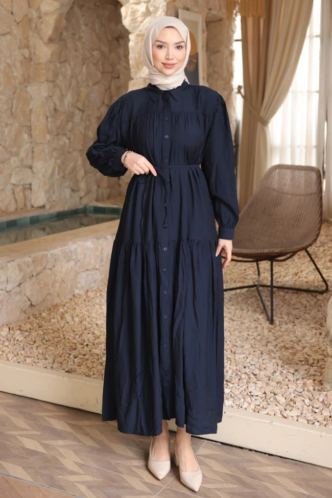 Lacivert Eteği Katli Düğmeli Elbise