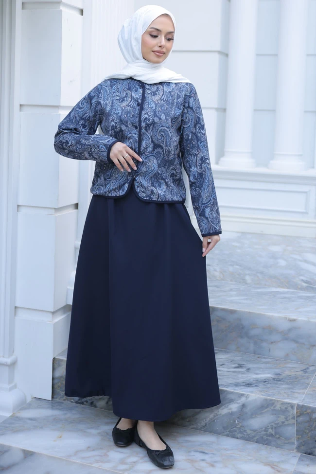 Lacivert Etnik Desenli Ceket Etekli Takım