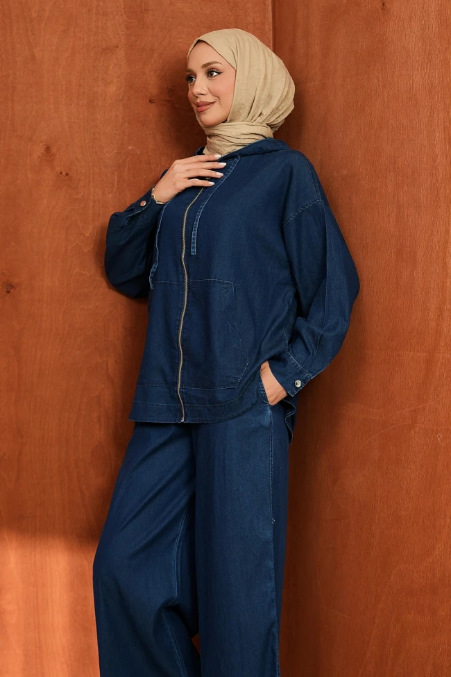 Lacivert Kapuşonlu Tunik Pantolonlu Kot Takım