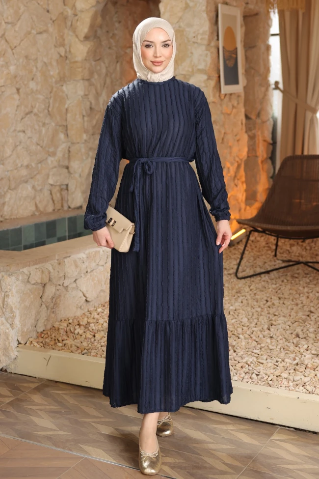 Lacivert Kol Lastikli Kuşaklı Gofre Elbise