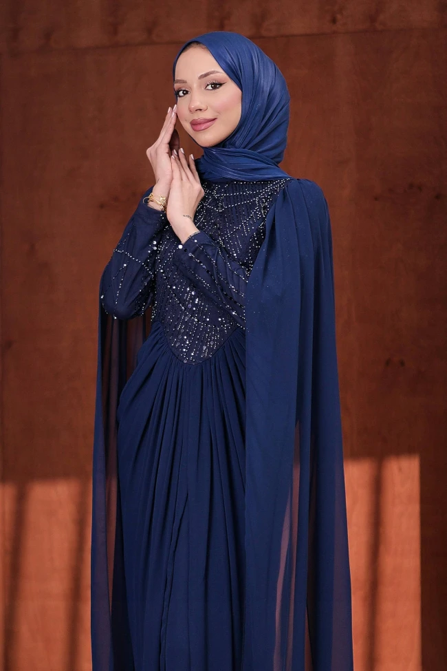 Lacivert Omuz Pelerinli Boncuk İşlemeli Drapeli Abiye