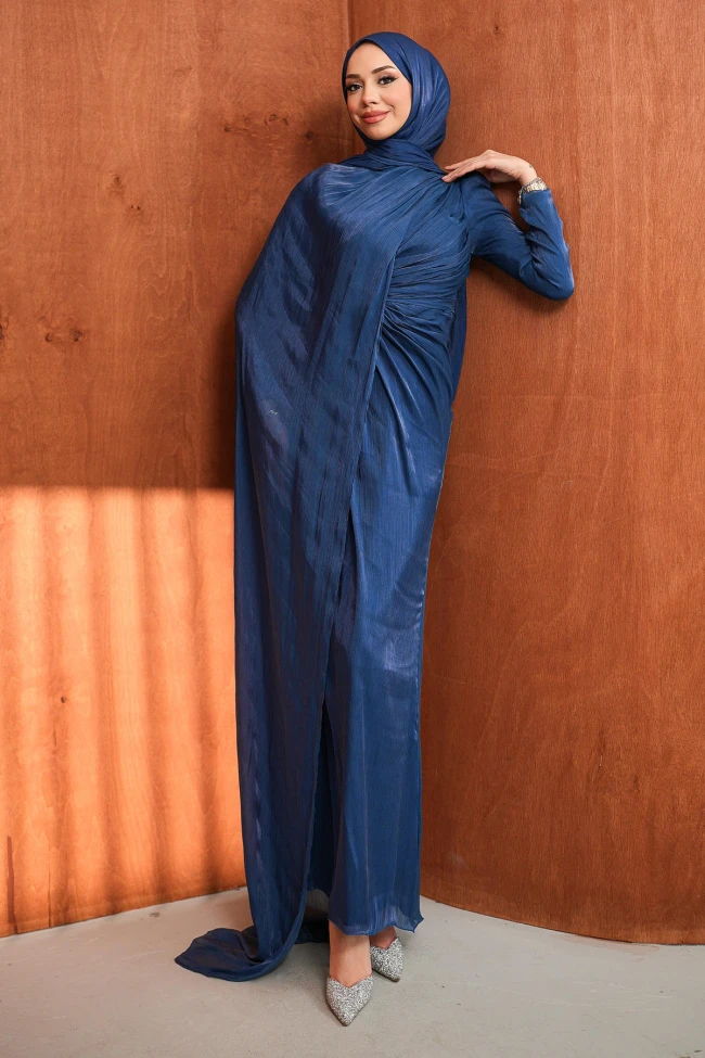 Lacivert Önü Büzgülü Abiye