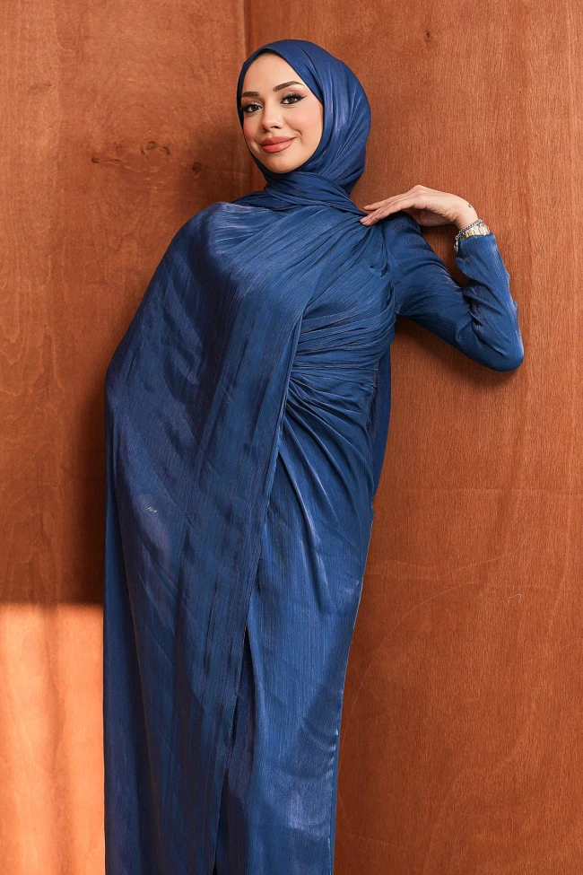 Lacivert Önü Büzgülü Abiye