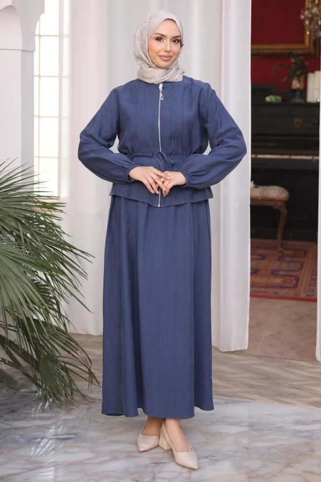 Lacivert Önü Nervürlü Fermuarlı Ceket Etekli Takım