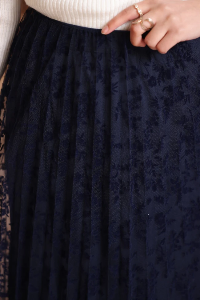 Lacivert Piliseli Flok Baskılı Astarlı Tül Etek