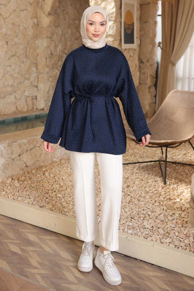 Lacivert Taş Detaylı Yırtmaçlı Oversize Tunik