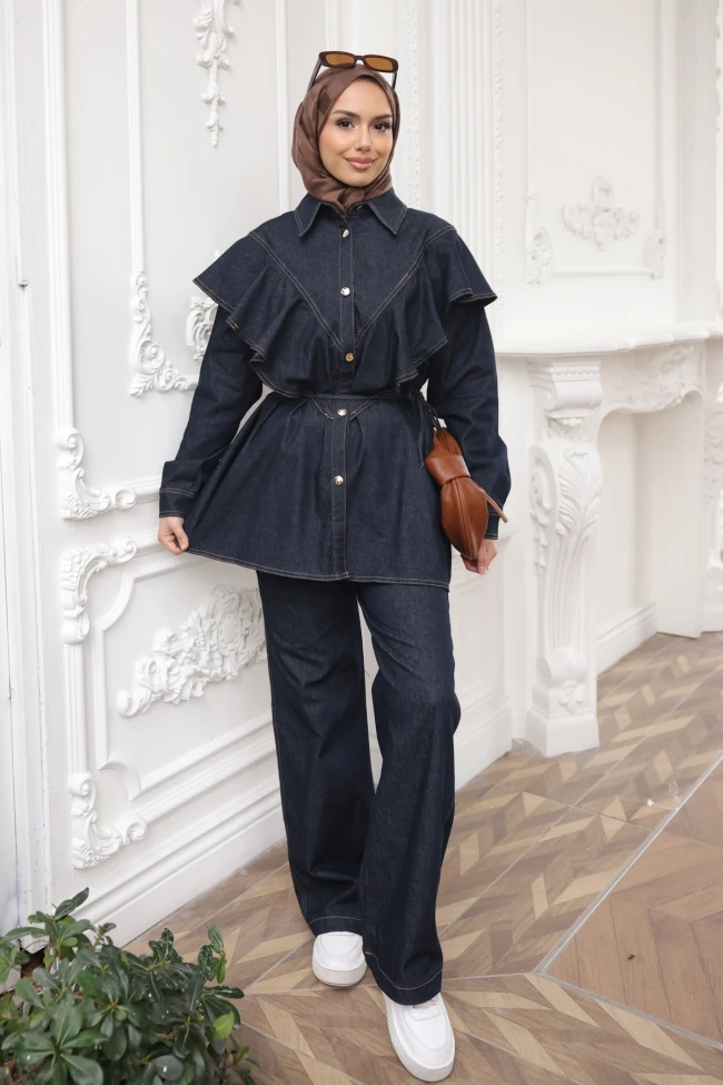 Lacivert Volanlı Tunik Pantolonlu Kot Takım