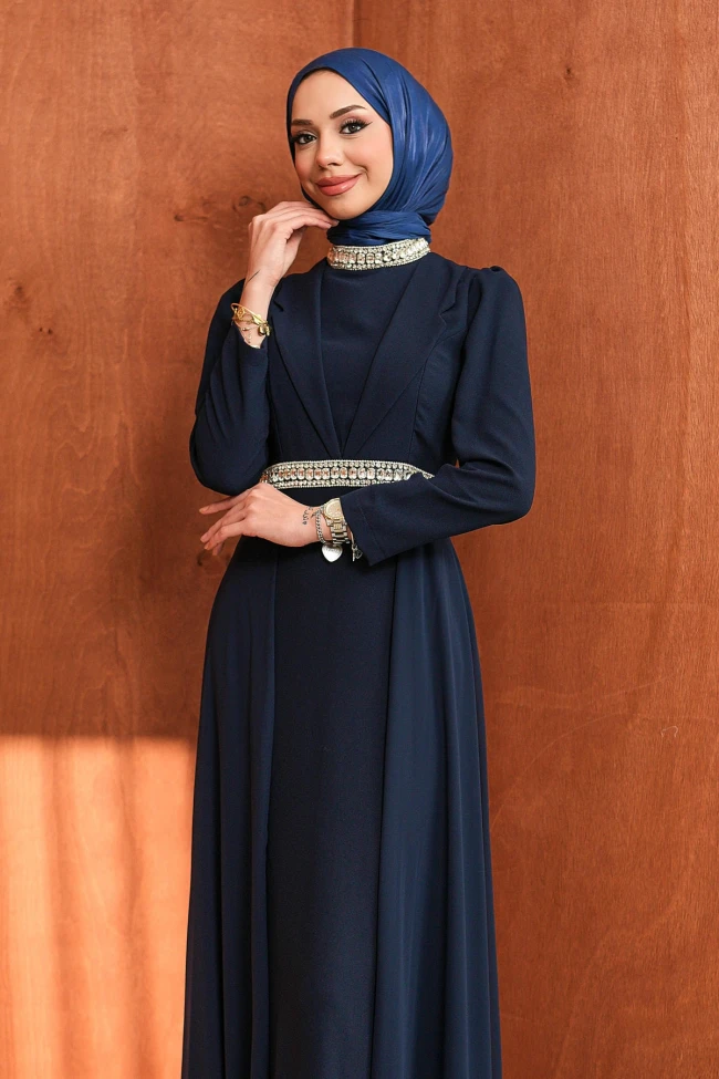 Lacivert Yaka Detaylı Taşlı Abiye