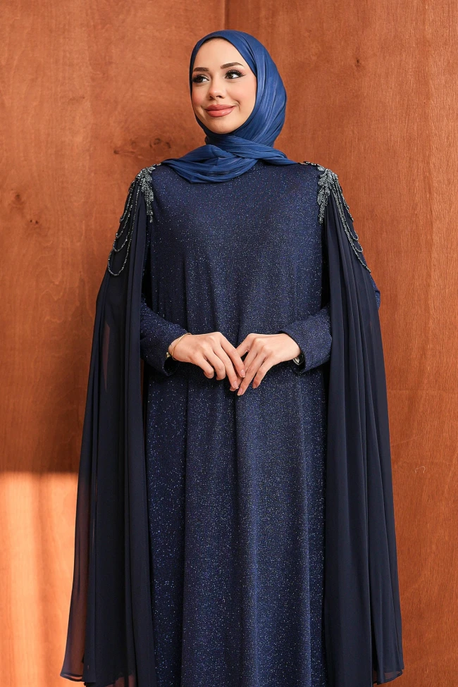 Lacivert Omuz Boncuklu Pelerinli Abiye