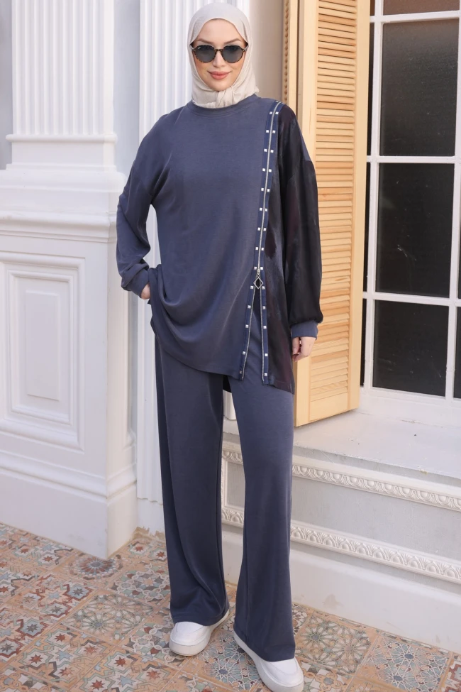 Lacivert Yan Fermuar Detaylı Tunik Pantolonlu Takım