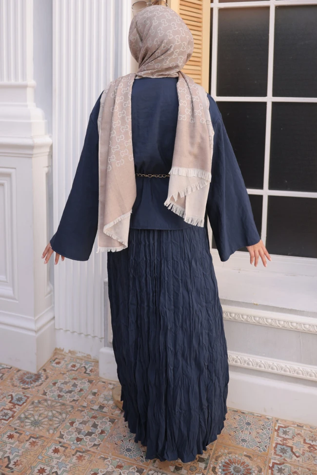 Lacivert Zincir Kemer  Detaylı Gömlek Kraş Etekli Takım