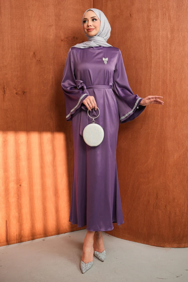 Lila Kolu Taşlı Bel Kuşaklı Saten Abiye