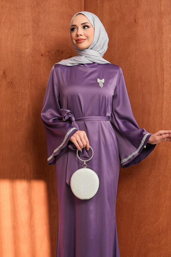 Lila Kolu Taşlı Bel Kuşaklı Saten Abiye