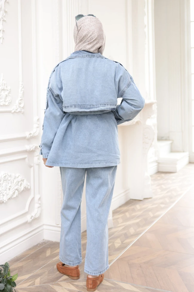 Mavi Düğmeli Bel Kuşaklı Ceket Pantolonlu Kot Takım