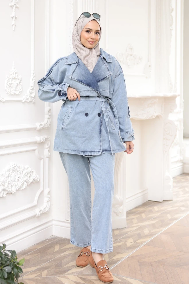 Mavi Düğmeli Bel Kuşaklı Ceket Pantolonlu Kot Takım