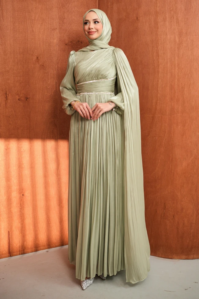 Mint Bel Büzgülü Taşlı Abiye