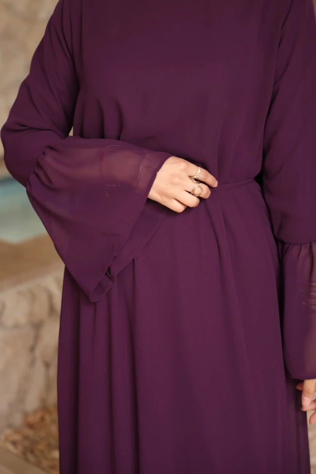 Mor Bel Bağlamalı Eteği Katlı Şifon Elbise