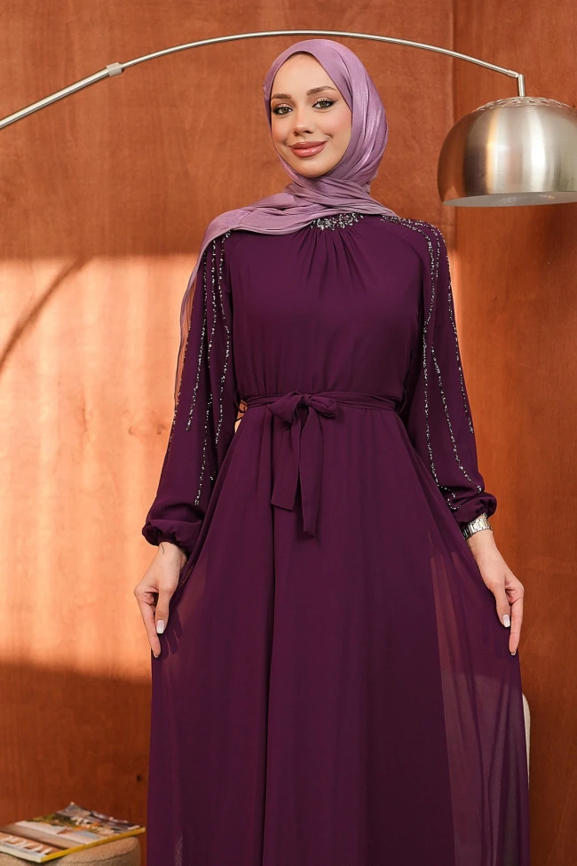 Mor Bel Kuşaklı Taş İşlemeli Abiye