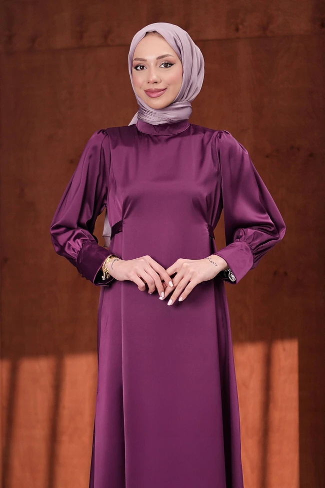 Mor Kol Düğmeli Beli Kuşaklı Saten Abiye