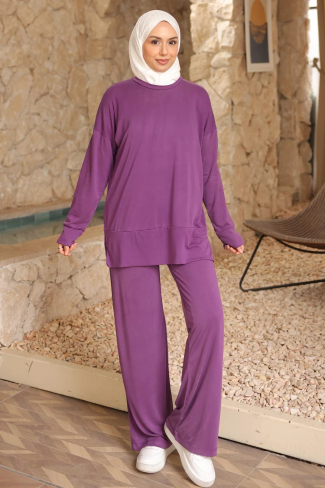 Mor Manşetli Tunik Pantolonlu Modal Takım