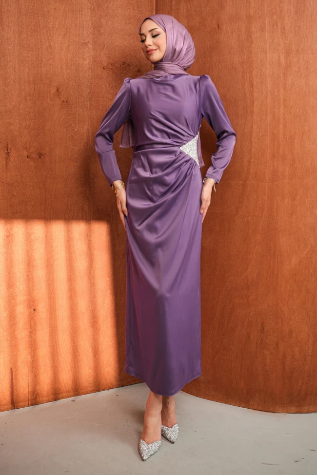 Mor Taş Detaylı Saten Abiye