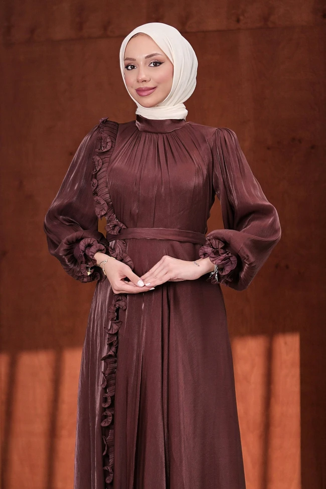 Mürdüm Bel Kemerli Fırfırlı Janjan Abiye