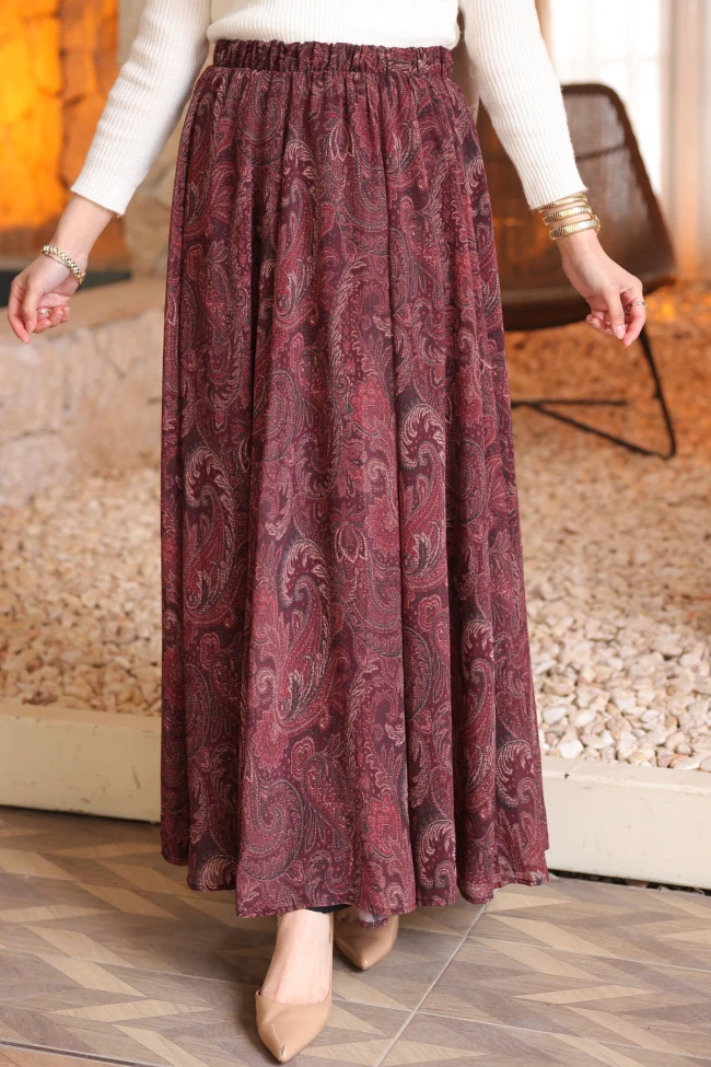 Mürdüm Bel Lastikli Astarlı Şifon Etek