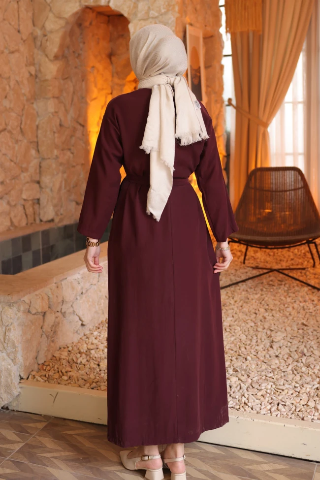 Mürdüm Beli Kuşaklı Rayon Tencel Elbise