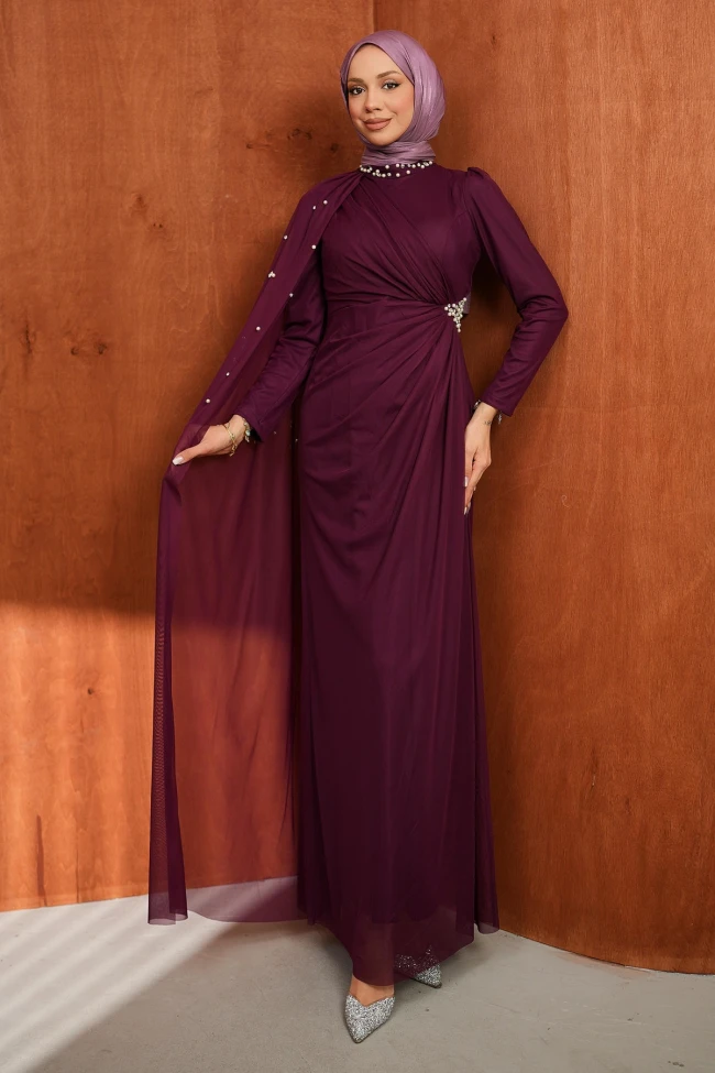 Mürdüm Drapeli İnci Detaylı  Abiye