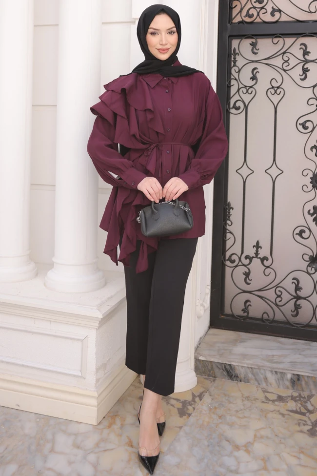 Mürdüm Düğmeli Volanlı İp Bağcıklı Tunik