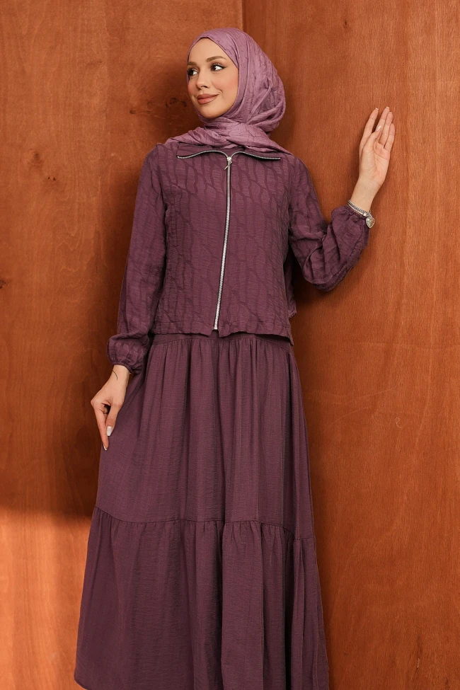 Mürdüm Fermuarlı Ceket Eteği Katlı Jile Takım